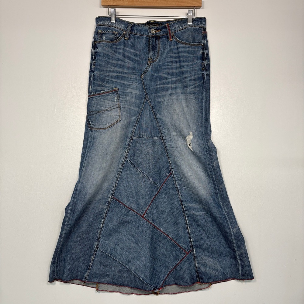 Lucky Brand Women Hippie Skirt 4/27 Blue Denim Patchwork Peace Sign Maxi Skirt